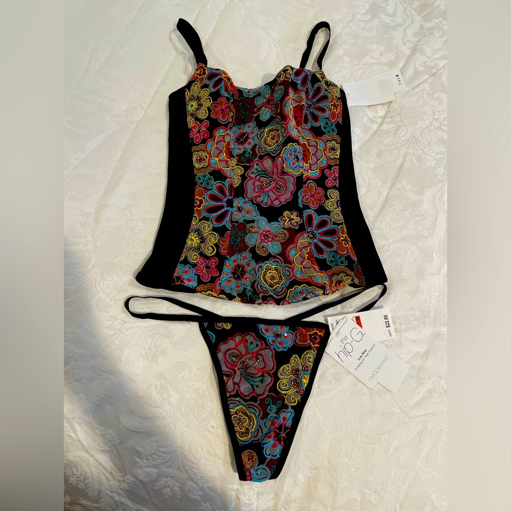 Black Multicolor Jeweled & Embroidered Bustier w matching Bottom by On Gossamer